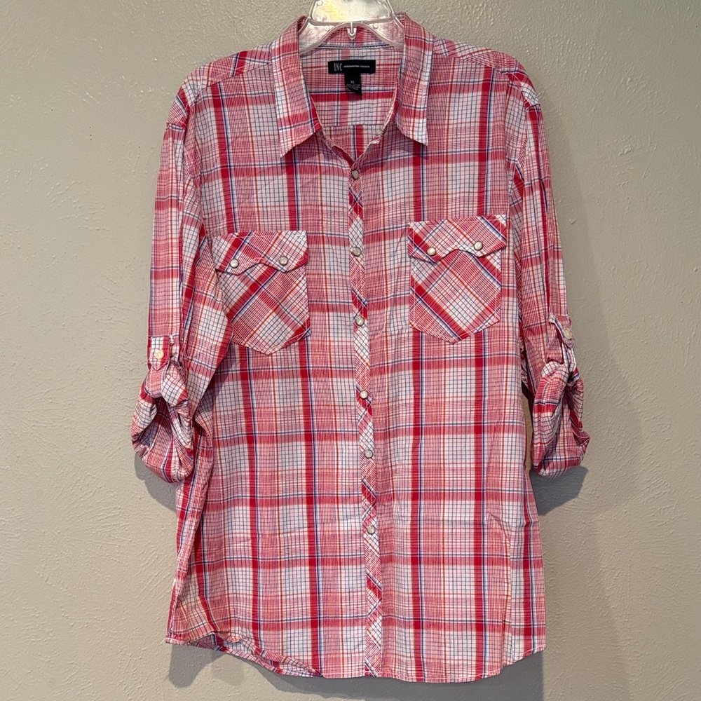 INC International Concepts Red Plaid Casual Button Down Shirt